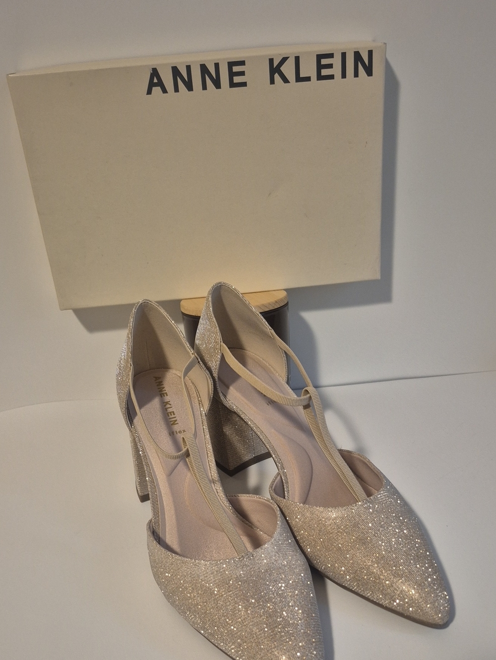 Anne Klein Glitter Pointed-Toe Block Heel Pumps in Champagne Sparkle